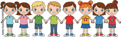 Happy cartoon children holding hands together, group of diverse boys and girls friendship unity, teamwork illustration, isolated on white background