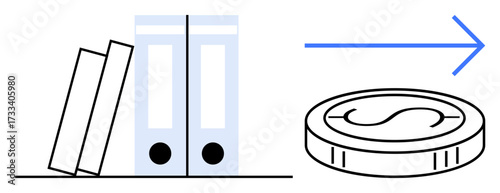 Stacked folders and books facing a coin with a forward arrow suggesting wealth, efficiency, or knowledge improvement. Ideal for finance, investment, education, business strategy, savings, growth