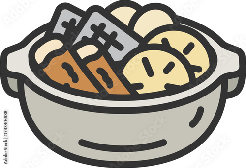土鍋に入った、おでんのアイコン（線画カラー）のイラスト