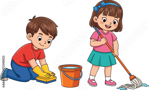 Happy children cleaning house together, boy scrubbing floor, girl mopping water, teamwork, household chores, hygiene, fun activity, bucket, sponge
