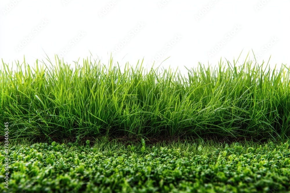 Fototapeta premium Lush green Grass and ground cover fill the foreground of a serene field on a sunny day, blurring into the distance