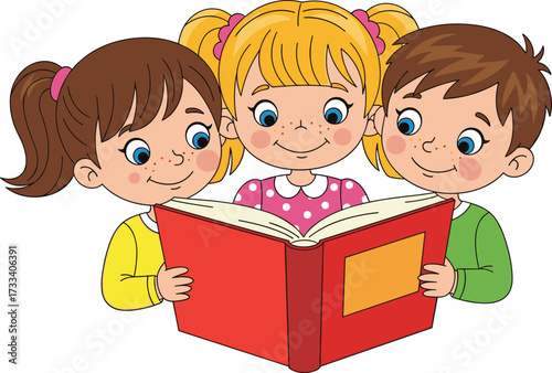 Three happy children reading big red book together, cartoon kids studying, education learning illustration, childhood development, school students, fun reading activity