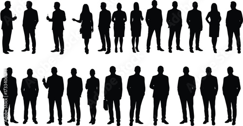 Business silhouette, corporate group, professional attire, standing posture, formal wear, office team, leadership icon, diverse figures, isolated shape, black background