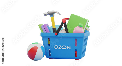 Blue Shopping Basket Filled with Tools and Beach Ball OZON hammer isolated on a transparent background