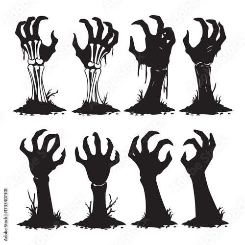 a set of 12 black zombie hand silhouettes rising from the ground in a horror and Halloween style 