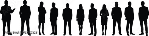 Business silhouette, corporate team, professional attire, office posture, leadership stance, formal wear, teamwork concept, standing figure, handshake gesture, isolated shape