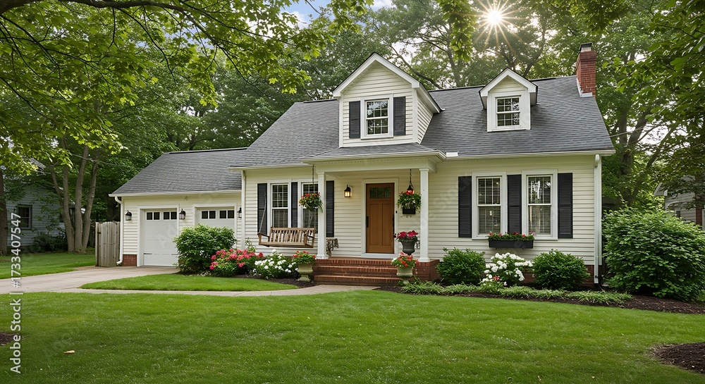 Obraz premium Charming house exterior with green lawn and trees under sunny sky