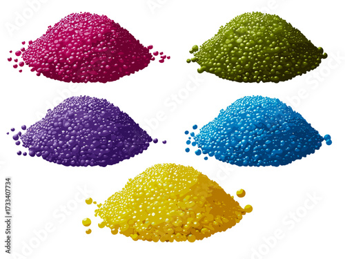 This image showcases a variety of colorful fertilizer beads, each in different shades like yellow, green, purple, blue, and pink, arranged in separate bowls. These beads represent various types of fer