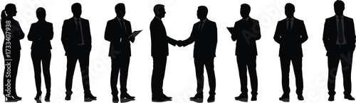 Business silhouette, handshake pose, corporate team, professional attire, office gesture, teamwork concept, leadership icon, formal wear, standing figure, isolated shape