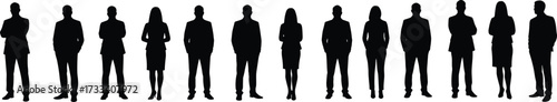 Business silhouette, corporate team, professional attire, office posture, leadership stance, formal wear, teamwork concept, standing figure, isolated shape, black background