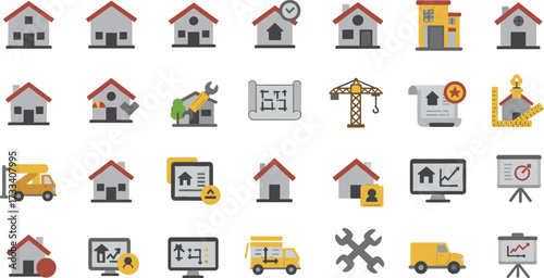 Real estate icons, property management symbols, construction tools, home repair services, architecture planning, housing development graphics vector illustration