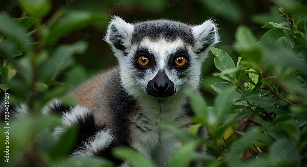 Naklejka premium Ring tailed lemur in lush foliage staring forward with intense gaze