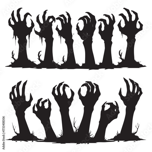 a set of 12 black zombie hand silhouettes rising from the ground in a horror and Halloween style 