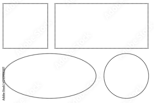 Black Dotted Line Frames Vector Set - Square, Rectangle, Circle, and Oval Pointilism Border Elements for Certificates, Notes, Invitations, and Digital Design