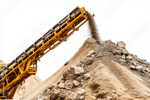 Industrial rock crushing and screening machine with conveyor belts and orange safety railings, isolated on white background.