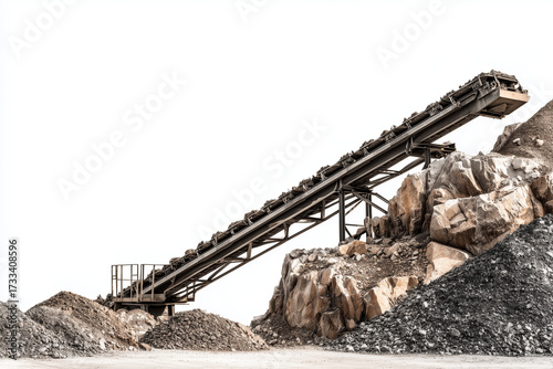 Industrial rock crushing and screening machine with conveyor belts and orange safety railings, isolated on white background.