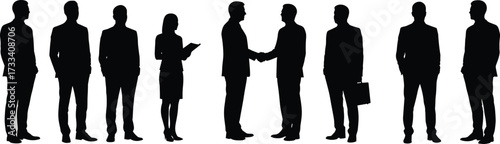 Business silhouette, handshake pose, corporate team, professional attire, office gesture, teamwork concept, leadership icon, formal wear, standing figure, isolated shape