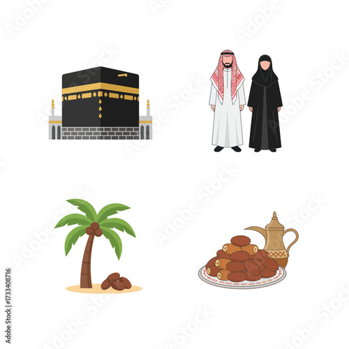 A collection of icons representing Saudi Arabian culture and traditions, including the Kaaba, a couple, a date palm, and dates with coffee.