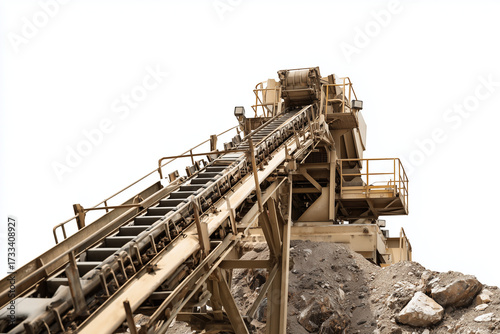 Industrial rock crushing and screening machine with conveyor belts and orange safety railings, isolated on white background.