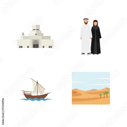 A collection of iconic Qatari elements including the Museum of Islamic Art, traditional attire, a dhow boat, and a desert landscape.
