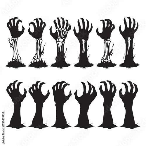 a set of 12 black zombie hand silhouettes rising from the ground in a horror and Halloween style 