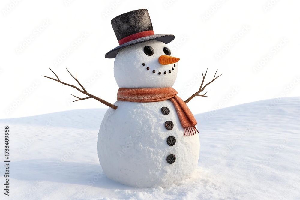 Obraz premium A cheerful snowman wearing a hat and scarf stands in the snow