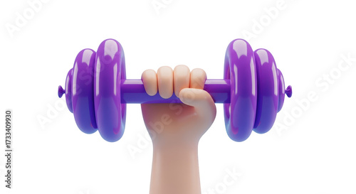 Cartoon hand lifting a purple dumbbell with weights exercise isolated on a transparent background