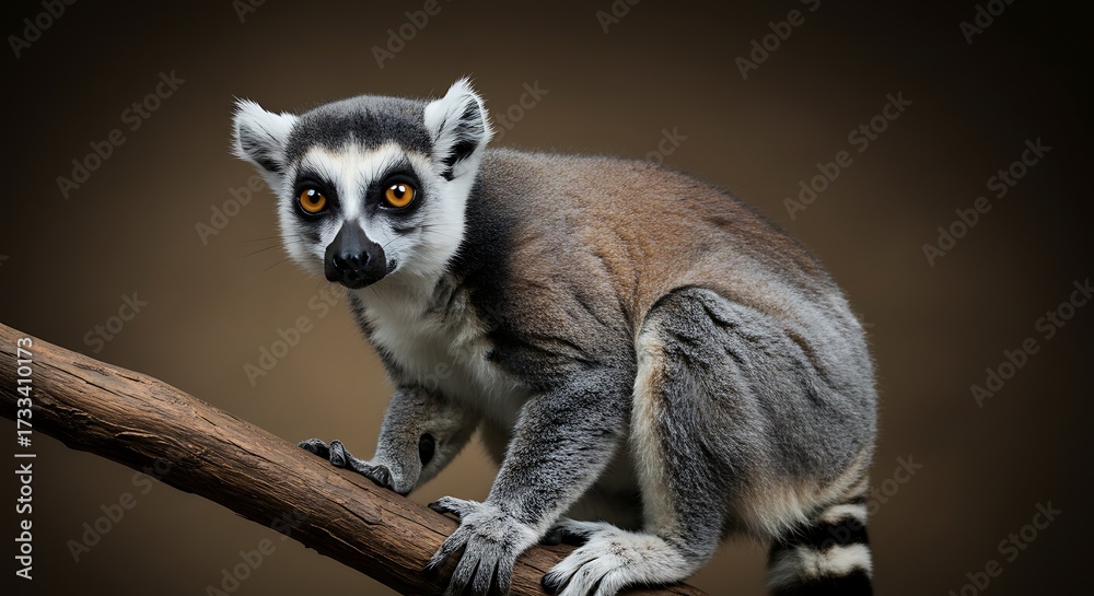 Obraz premium Ring tailed lemur perched on a branch against a dark background