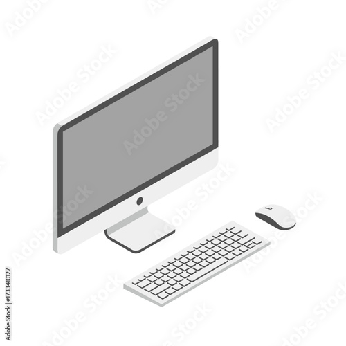 Isometric vector illustration of a modern all-in-one desktop computer with a keyboard and mouse. Minimalist digital workspace and technology concept