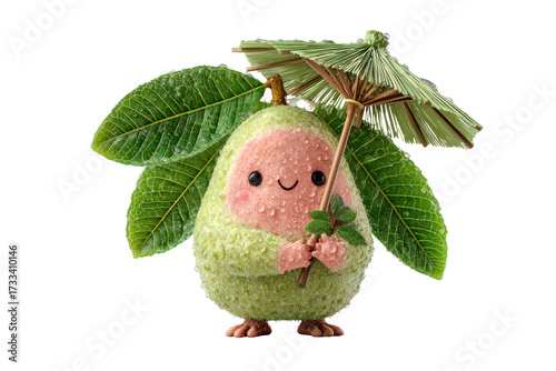 Adorable kawaii avocado character holding a small umbrella and leaf with happy face surrounded by green leaves, cute cartoon fruit mascot for healthy food theme
