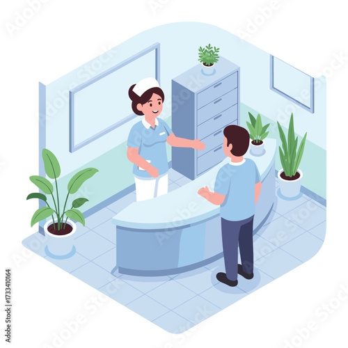 Isometric illustration of a nurse assisting a patient at a medical reception desk