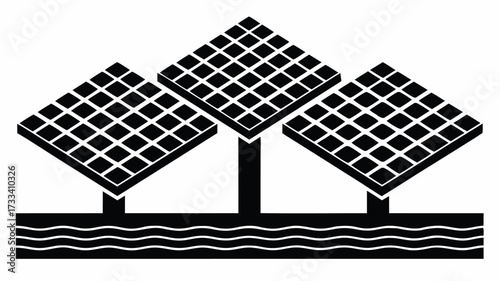 Modern solar panels generating clean energy near water source, sustainable power concept icon, energy solution