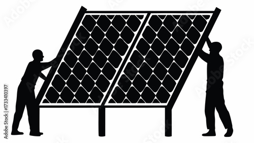 Workers install solar panels for clean energy solutions and sustainable power generation system