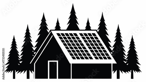 Peaceful cabin retreat nestled among towering pine trees with solar panels for green living