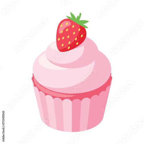 Sweet and charming pink cupcake with a fresh strawberry on top, a delightful dessert illustration perfect for celebrating special moments or satisfying a sugary craving, isolated on white