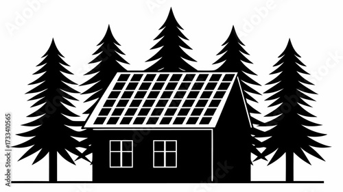Idyllic cabin retreat nestled amongst towering pine trees with solar panels for clean energy