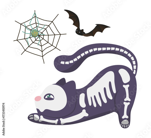 Halloween-themed vector illustration featuring a playful cat skeleton, a flying bat, and a detailed spider web. Perfect for seasonal designs and decorations, capturing spooky vibes.