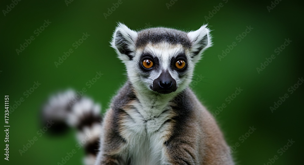 Obraz premium Ring tailed lemur portrait against a blurred green background