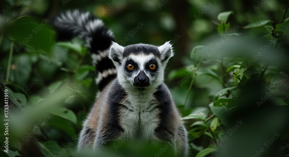 Obraz premium Ring tailed lemur portrait amidst lush green foliage and natural light