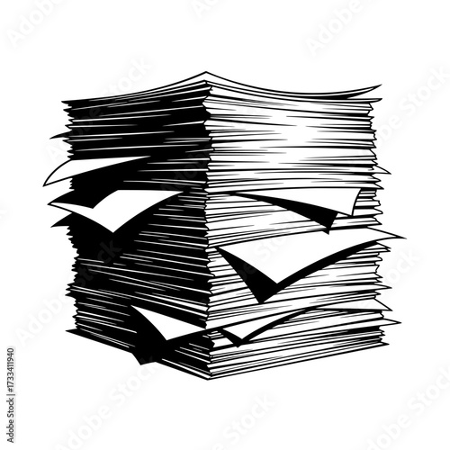 Illustration of a large stack of papers with some pages fanned out isolated on white background isolated on transparent background
