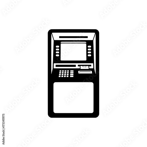 A black and white illustration of a modern atm machine with a keypad and screen isolated on white background isolated on transparent background