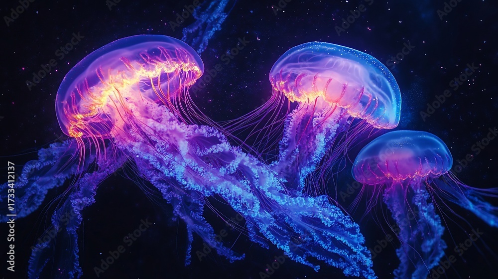 Naklejka premium Glowing jellyfish swim in dark ocean; cosmic background; science, nature