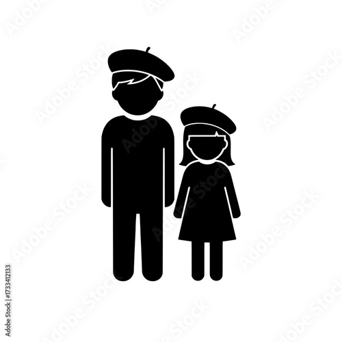Stylized black silhouette of a father and daughter wearing berets and face masks isolated on white background isolated on transparent background