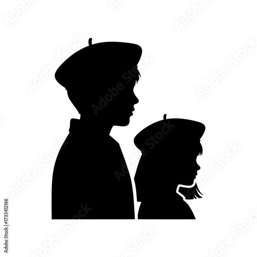 Silhouette profile of two children wearing berets standing side by side isolated on white background isolated on transparent background