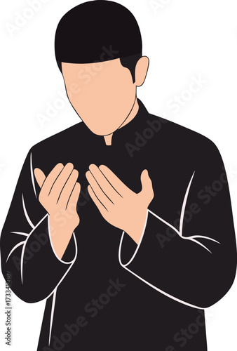 Muslim man wearing a black outfit and cap, praying with hands raised and head bowed, symbolizing humility, devotion, and Islamic faith