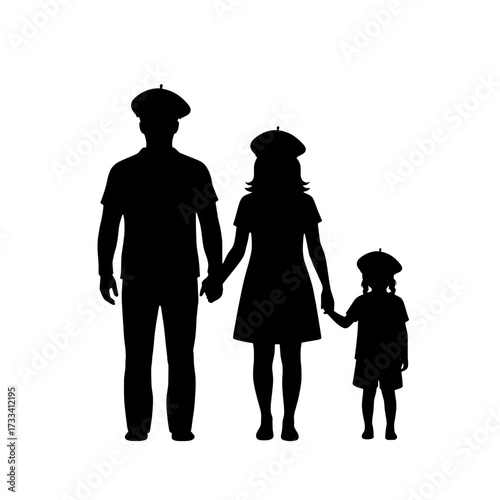 Silhouette of a family with two children holding hands and wearing hats isolated on white background isolated on transparent background
