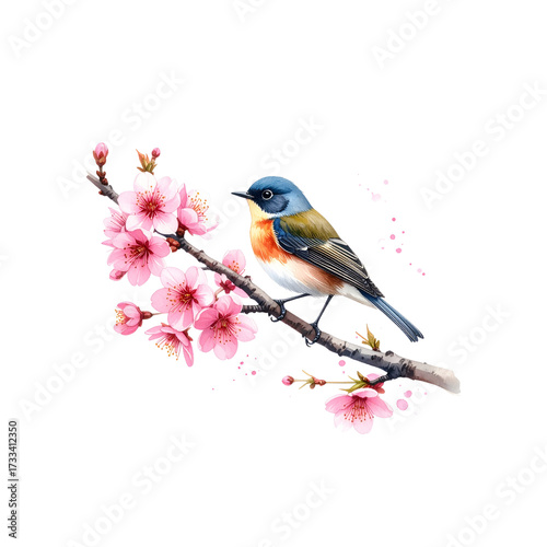 Small, colorful blue tit songbird perched on a branch with yellow and blue feathers in nature