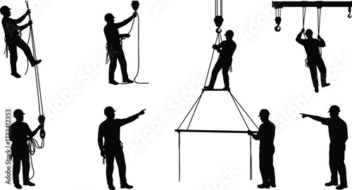 construction, worker, silhouette, rigging, lifting, safety, teamwork, industry, occupation, labor, black, vector