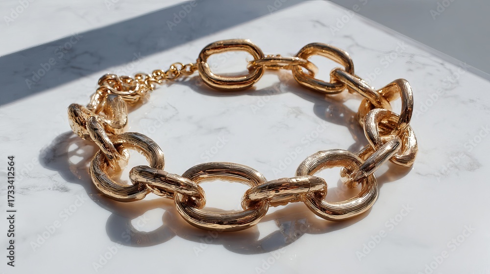 Fototapeta premium Elegant gold chain link bracelet displayed on a marble surface with soft shadows.