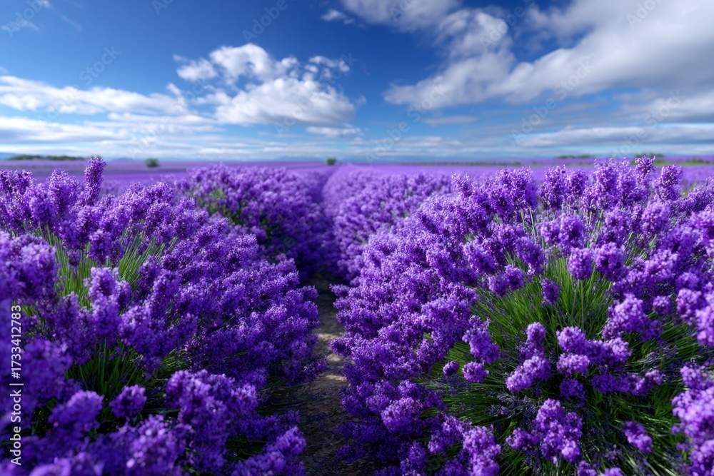Obraz premium Lavender fields bloom under a bright blue sky with scattered clouds in summertime